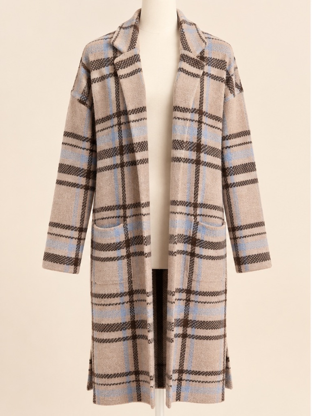 Sincerely Jules Plaid Long Cardigan L Beige Brown Blue Duster Sweater